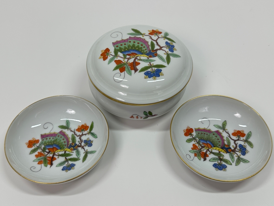 Meissen (Germany) Fine Porcelain Individually Hand Painted 'Colorful Chinese Butterfly Painting With Gold Rim' Schmetterling, Lidded Box 3.75W With Pair Of Small Dishes 3.25W Estimate $300 [Photo 2]