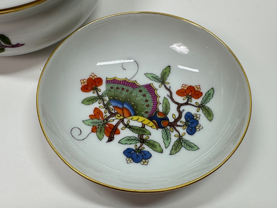 Meissen (Germany) Fine Porcelain Individually Hand Painted 'Colorful Chinese Butterfly Painting With Gold Rim' Schmetterling, Lidded Box 3.75W With Pair Of Small Dishes 3.25W Estimate $300 [Photo 5]