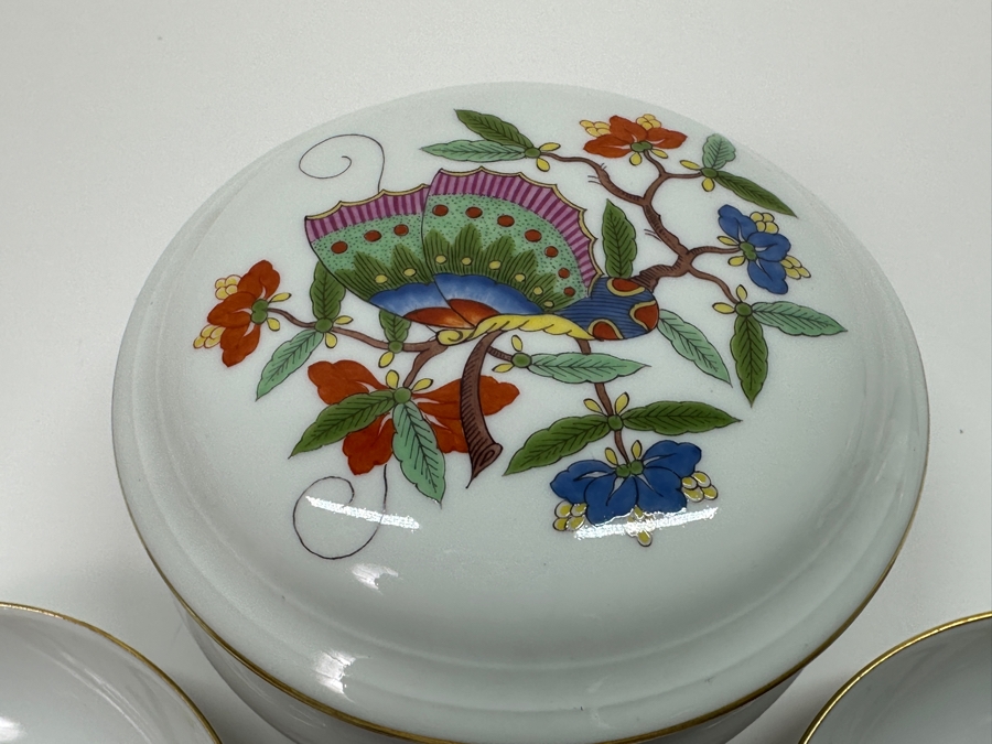 Meissen (Germany) Fine Porcelain Individually Hand Painted 'Colorful Chinese Butterfly Painting With Gold Rim' Schmetterling, Lidded Box 3.75W With Pair Of Small Dishes 3.25W Estimate $300 [Photo 3]