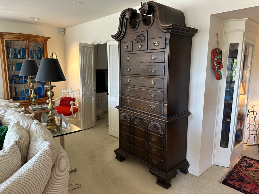 Antique Distressed Oak Highboy Chest On Chest 43W X 21.5D X 92.5H Retailed For $2,395 In 1975 [Photo 4]