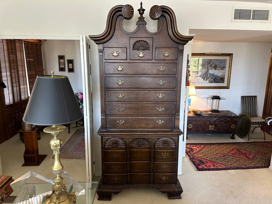 Antique Distressed Oak Highboy Chest On Chest 43W X 21.5D X 92.5H Retailed For $2,395 In 1975 [Photo 3]