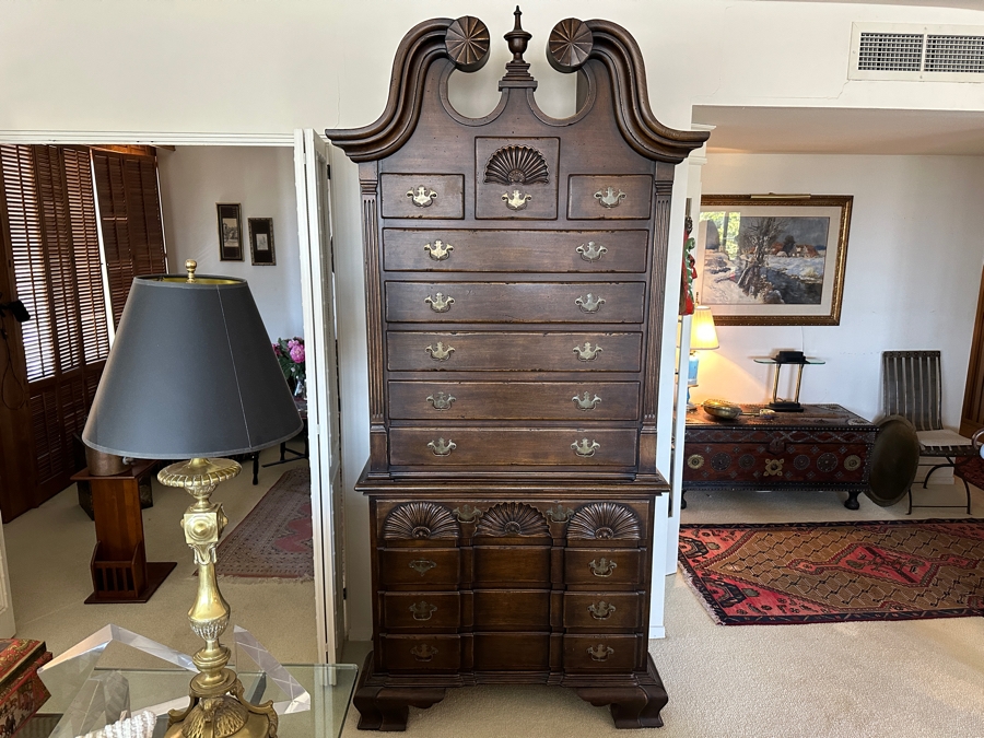 Antique Distressed Oak Highboy Chest On Chest 43W X 21.5D X 92.5H Retailed For $2,395 In 1975 [Photo 2]