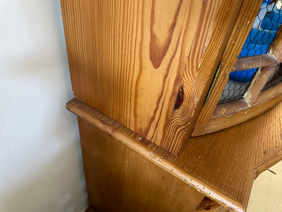 Vintage Pine Cabinet With Chicken Wire Display Hutch 41.5W X 20D X 87H [Photo 11]