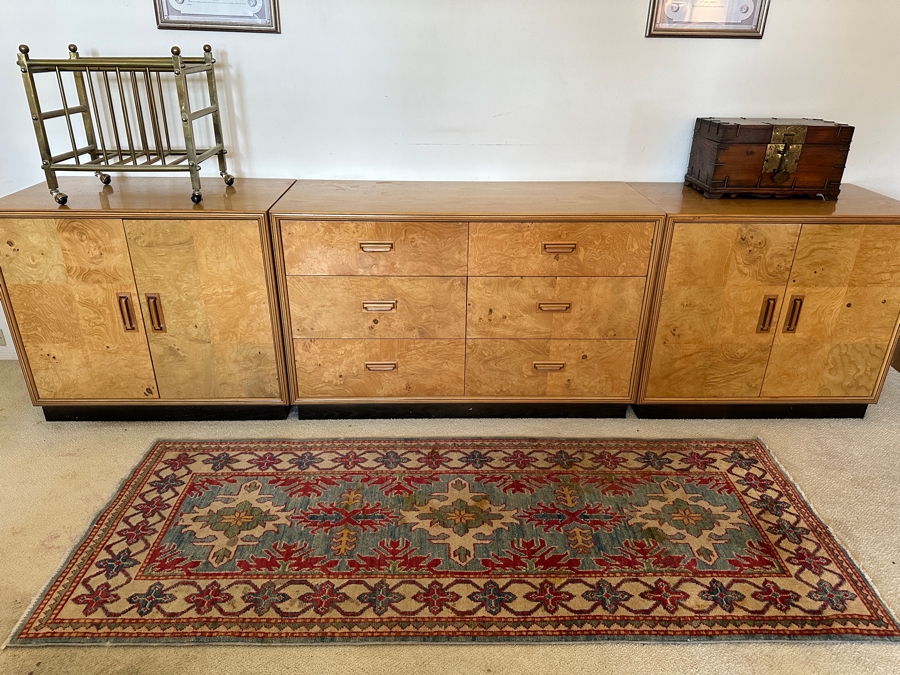 Mid-Century Modern Scene TWO From Henredon Burl Wood Pair Of Side Cabinets And 6-Drawer Chest Of Drawers