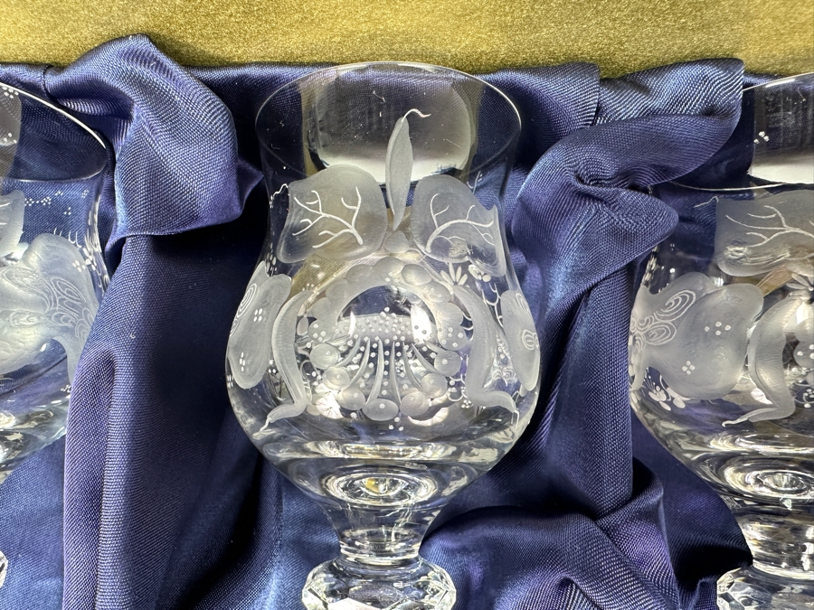 Rare Genuine Meissen (Germany) Cut Crystal Mouth-Blown Hand-Sanded Stemware Glasses Orchid Orchidee Pattern With Original Box - 6 Glasses Total 7.25'H [Photo 4]
