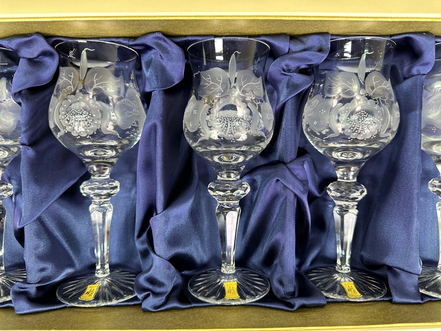 Rare Genuine Meissen (Germany) Cut Crystal Mouth-Blown Hand-Sanded Stemware Glasses Orchid Orchidee Pattern With Original Box - 6 Glasses Total 7.25'H [Photo 3]