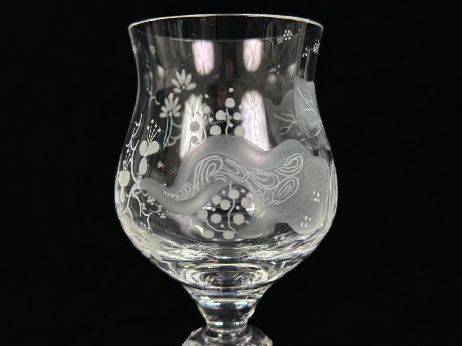 Rare Genuine Meissen (Germany) Cut Crystal Mouth-Blown Hand-Sanded Stemware Glasses Orchid Orchidee Pattern With Original Box - 6 Glasses Total 7.25'H [Photo 12]