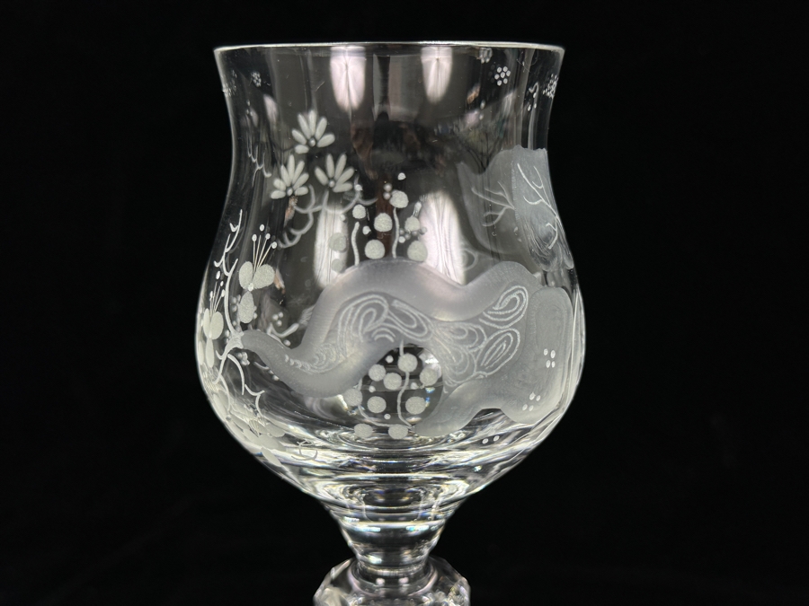 Rare Genuine Meissen (Germany) Cut Crystal Mouth-Blown Hand-Sanded Stemware Glasses Orchid Orchidee Pattern With Original Box - 6 Glasses Total 7.25'H [Photo 13]