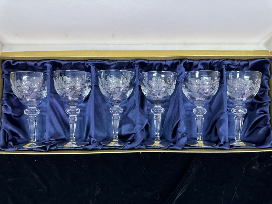 Rare Genuine Meissen (Germany) Cut Crystal Mouth-Blown Hand-Sanded Stemware Glasses Blume Flower Easy Pattern With Original Box - 6 Glasses Total 6'H [Photo 1]
