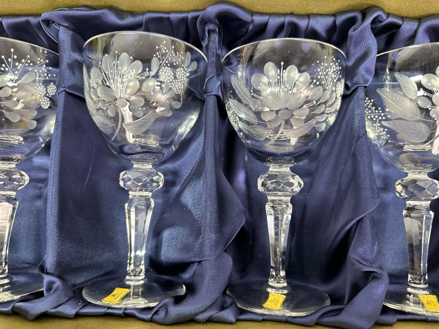 Rare Genuine Meissen (Germany) Cut Crystal Mouth-Blown Hand-Sanded Stemware Glasses Blume Flower Easy Pattern With Original Box - 6 Glasses Total 6'H [Photo 2]