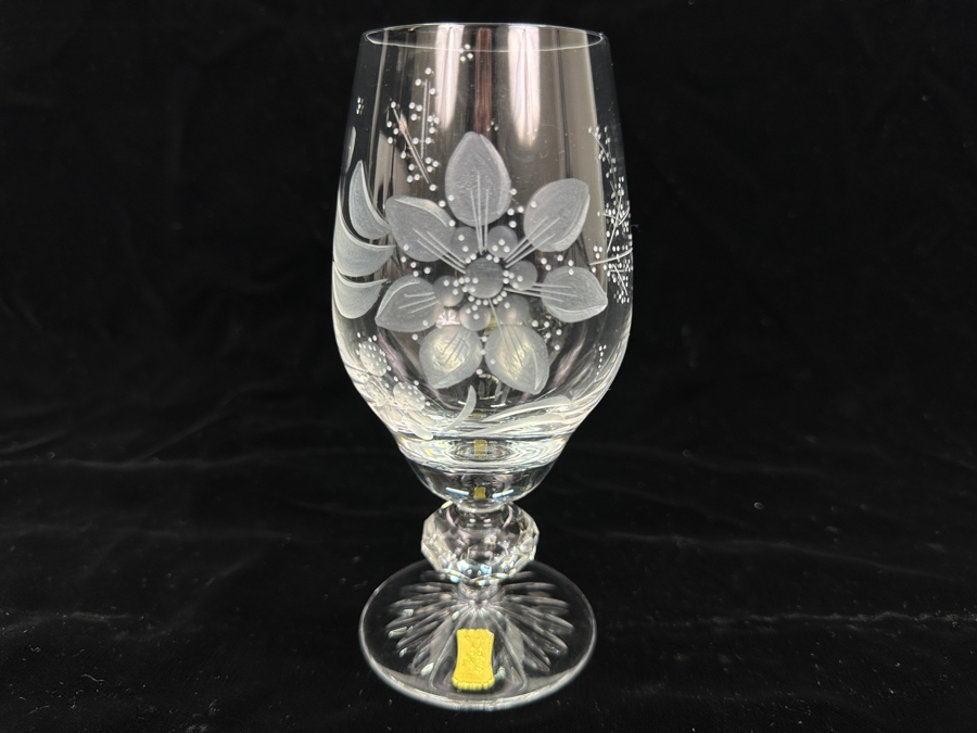 Rare Genuine Meissen (Germany) Cut Crystal Mouth-Blown Hand-Sanded Stemware Glasses Flower Pattern With Original Box - 6 Glasses Total 6-3/8'H [Photo 2]
