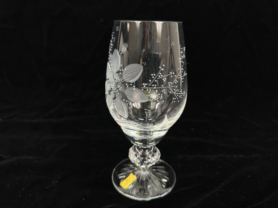 Rare Genuine Meissen (Germany) Cut Crystal Mouth-Blown Hand-Sanded Stemware Glasses Flower Pattern With Original Box - 6 Glasses Total 6-3/8'H [Photo 7]