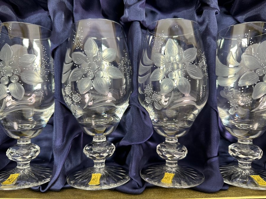 Rare Genuine Meissen (Germany) Cut Crystal Mouth-Blown Hand-Sanded Stemware Glasses Flower Pattern With Original Box - 6 Glasses Total 6-3/8'H [Photo 3]