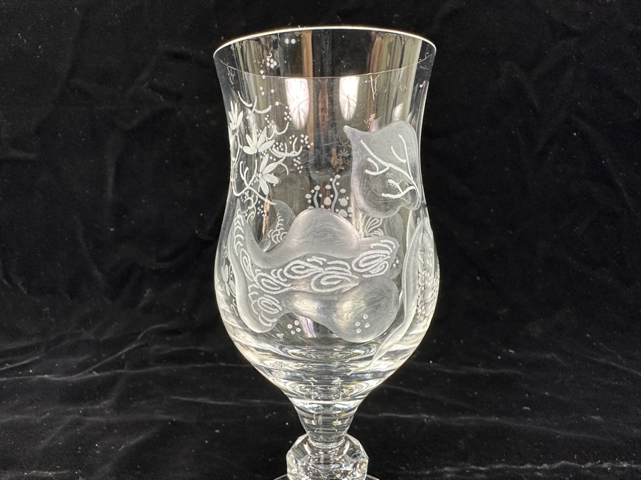 Rare Genuine Meissen (Germany) Cut Crystal Mouth-Blown Hand-Sanded Stemware Glasses Orchid Orchidee Pattern With Original Box - 6 Glasses Total 6-5/8'H [Photo 7]