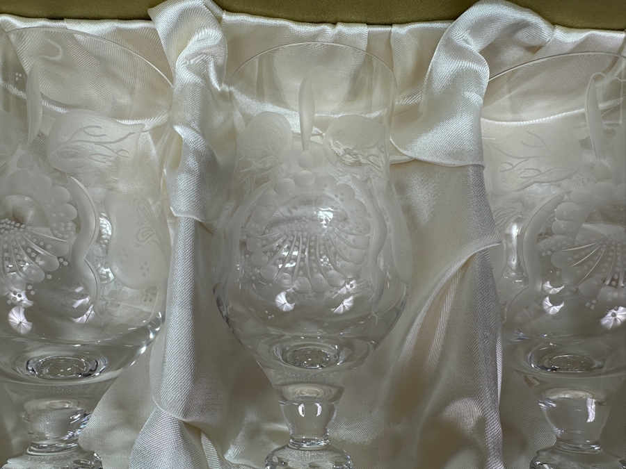 Rare Genuine Meissen (Germany) Cut Crystal Mouth-Blown Hand-Sanded Stemware Glasses Orchid Orchidee Pattern With Original Box - 6 Glasses Total 6-5/8'H [Photo 4]