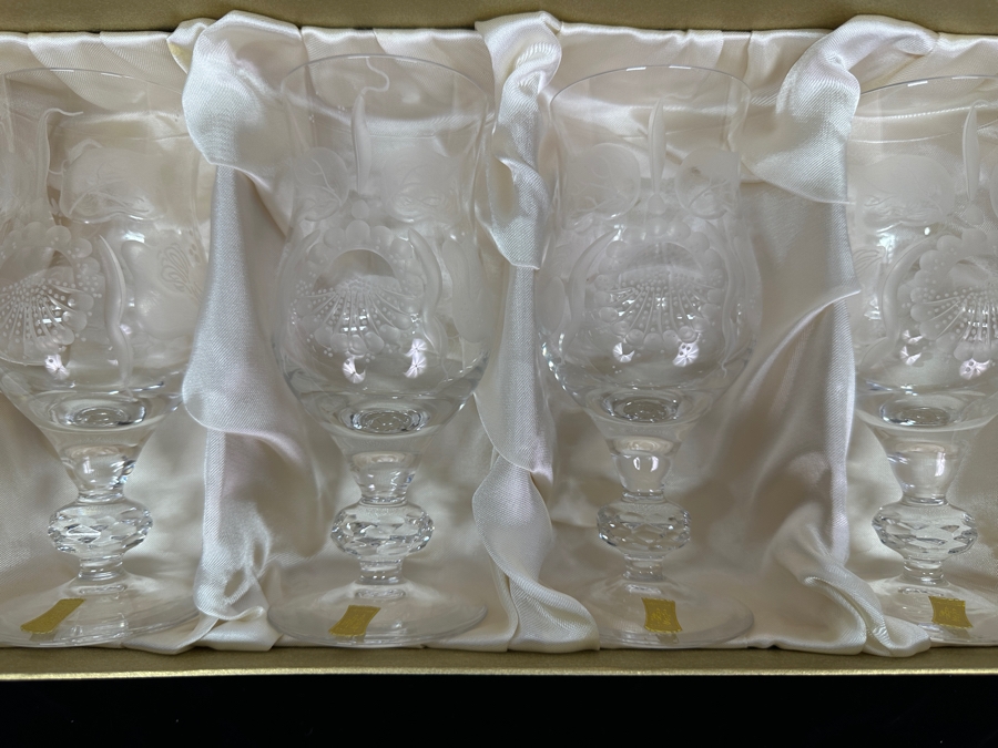Rare Genuine Meissen (Germany) Cut Crystal Mouth-Blown Hand-Sanded Stemware Glasses Orchid Orchidee Pattern With Original Box - 6 Glasses Total 6-5/8'H [Photo 3]