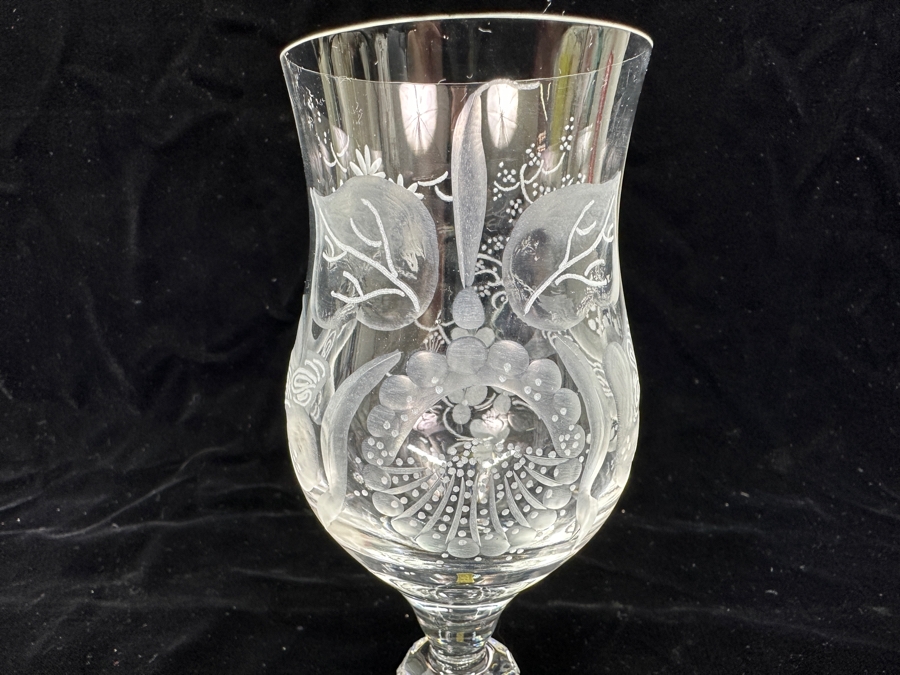 Rare Genuine Meissen (Germany) Cut Crystal Mouth-Blown Hand-Sanded Stemware Glasses Orchid Orchidee Pattern With Original Box - 6 Glasses Total 6-5/8'H [Photo 6]