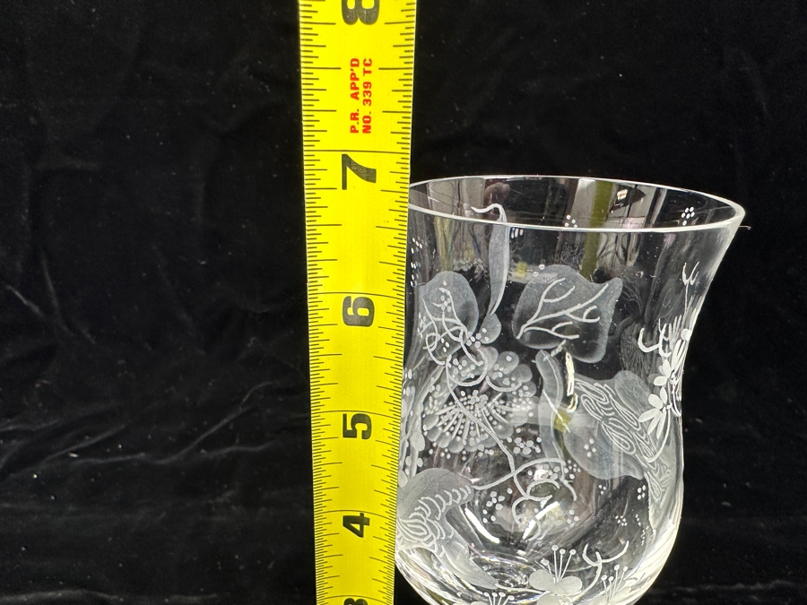 Rare Genuine Meissen (Germany) Cut Crystal Mouth-Blown Hand-Sanded Stemware Glasses Orchid Orchidee Pattern With Original Box - 6 Glasses Total 6-5/8'H [Photo 8]