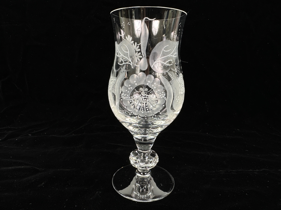 Rare Genuine Meissen (Germany) Cut Crystal Mouth-Blown Hand-Sanded Stemware Glasses Orchid Orchidee Pattern With Original Box - 6 Glasses Total 6-5/8'H [Photo 2]