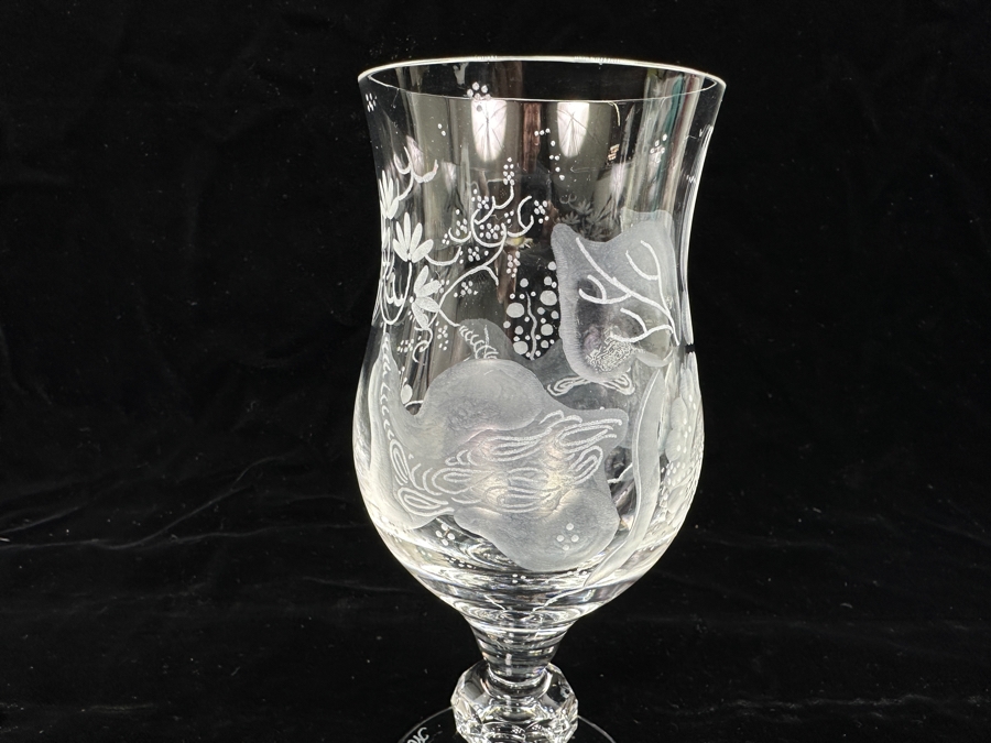 Rare Genuine Meissen (Germany) Cut Crystal Mouth-Blown Hand-Sanded Stemware Glasses Orchid Orchidee Pattern With Original Box - 6 Glasses Total 6-5/8'H [Photo 6]