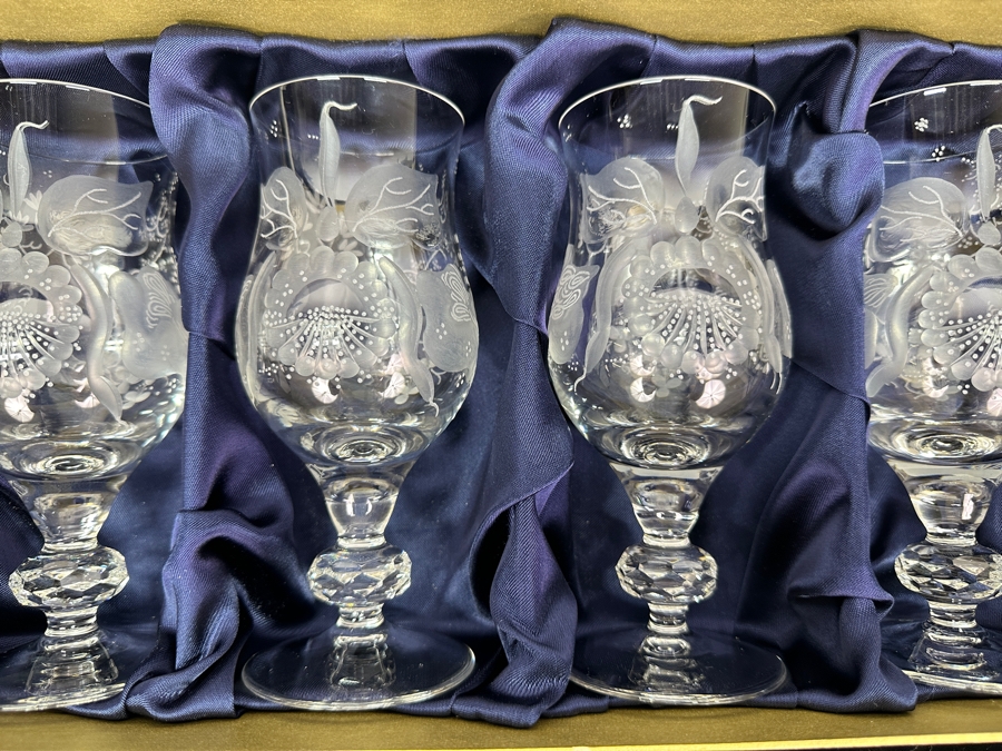 Rare Genuine Meissen (Germany) Cut Crystal Mouth-Blown Hand-Sanded Stemware Glasses Orchid Orchidee Pattern With Original Box - 6 Glasses Total 6-5/8'H [Photo 3]