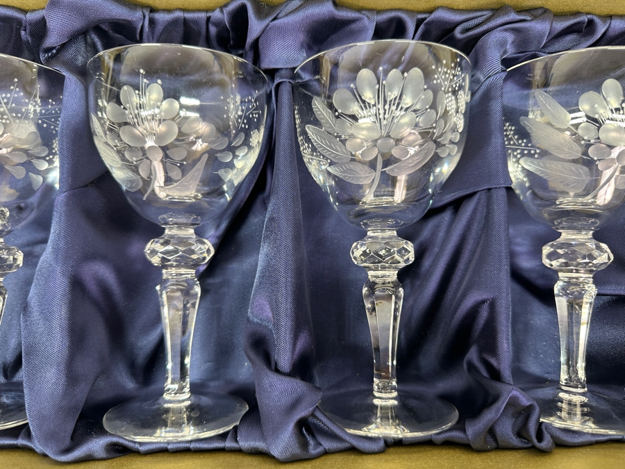 Rare Genuine Meissen (Germany) Cut Crystal Mouth-Blown Hand-Sanded Stemware Glasses Blume Flower Easy Pattern With Original Box - 6 Glasses Total 6-1/8'H [Photo 3]