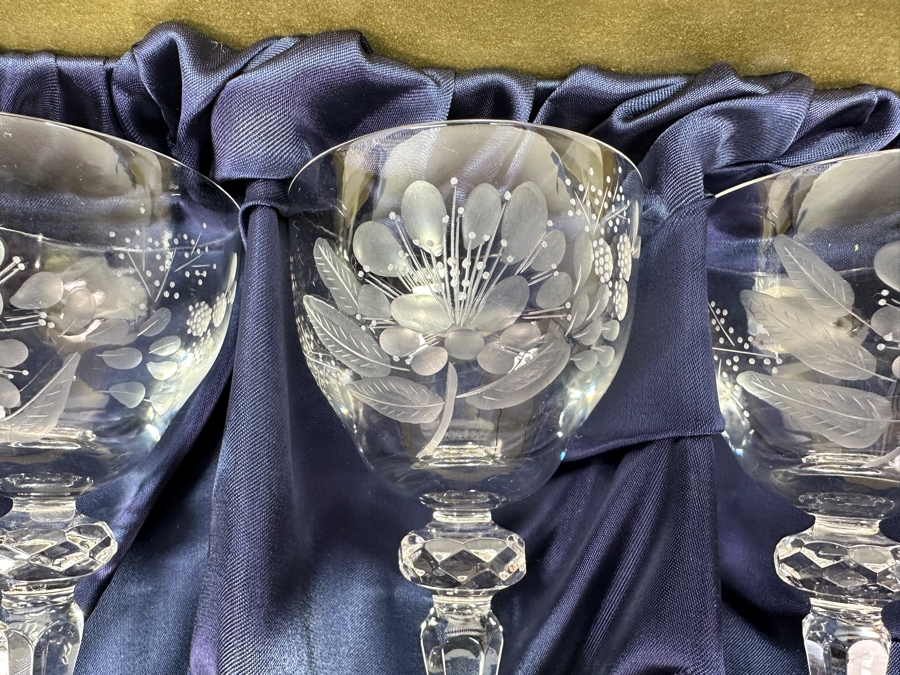 Rare Genuine Meissen (Germany) Cut Crystal Mouth-Blown Hand-Sanded Stemware Glasses Blume Flower Easy Pattern With Original Box - 6 Glasses Total 6-1/8'H [Photo 4]