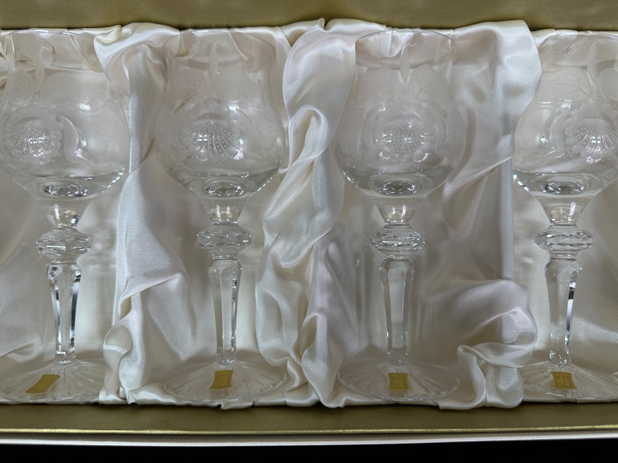 Rare Genuine Meissen (Germany) Cut Crystal Mouth-Blown Hand-Sanded Stemware Glasses Orchid Orchidee Pattern With Original Box - 6 Glasses Total 7-3/8'H [Photo 3]