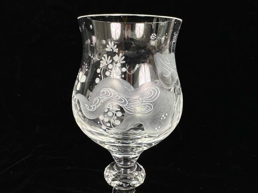 Rare Genuine Meissen (Germany) Cut Crystal Mouth-Blown Hand-Sanded Stemware Glasses Orchid Orchidee Pattern With Original Box - 6 Glasses Total 7-3/8'H [Photo 7]