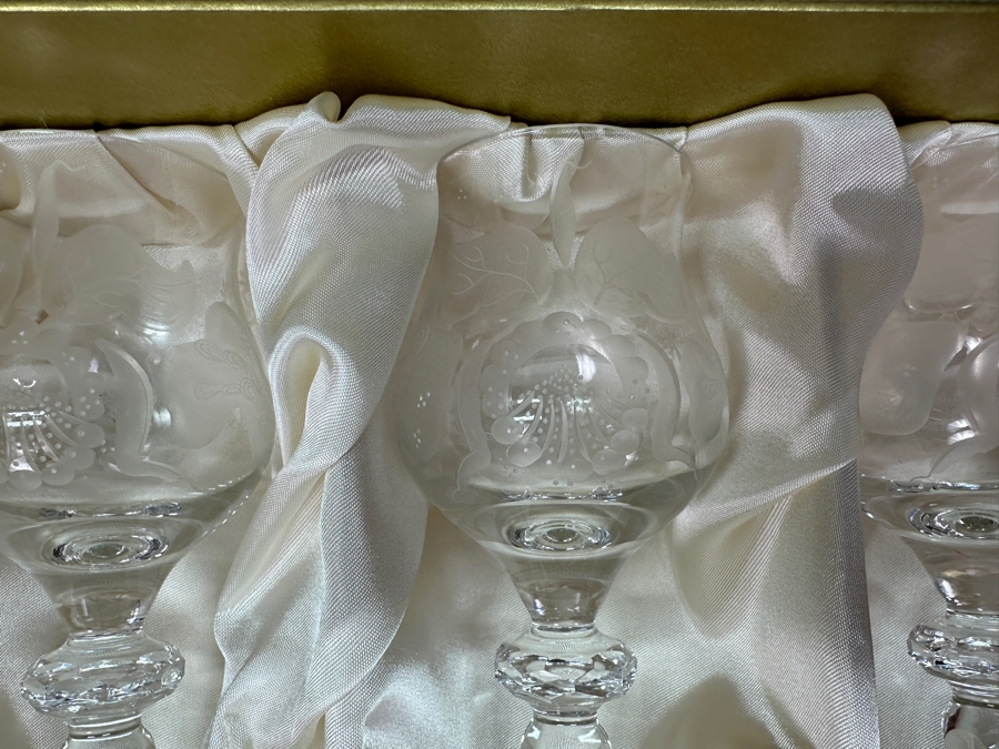 Rare Genuine Meissen (Germany) Cut Crystal Mouth-Blown Hand-Sanded Stemware Glasses Orchid Orchidee Pattern With Original Box - 6 Glasses Total 7-3/8'H [Photo 4]