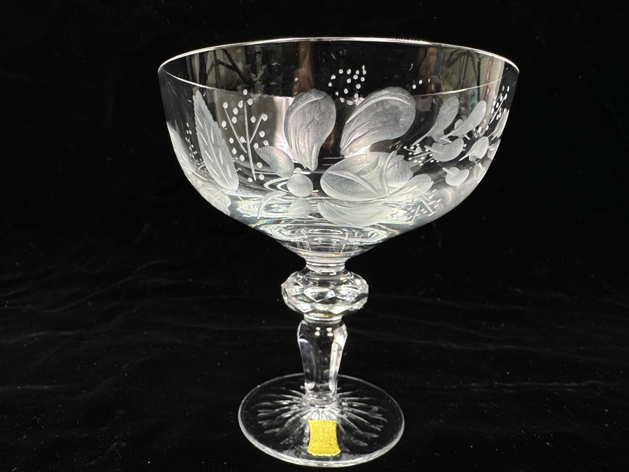 Rare Genuine Meissen (Germany) Cut Crystal Mouth-Blown Hand-Sanded Stemware Glasses Flower Pattern With Original Box - 6 Glasses Total 4.75'H [Photo 2]