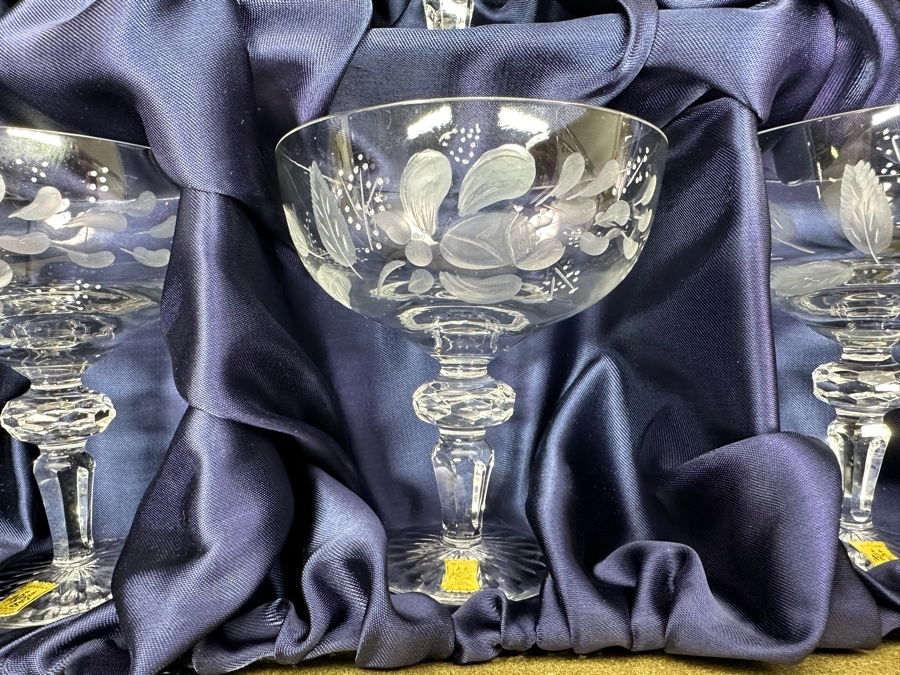 Rare Genuine Meissen (Germany) Cut Crystal Mouth-Blown Hand-Sanded Stemware Glasses Flower Pattern With Original Box - 6 Glasses Total 4.75'H [Photo 4]