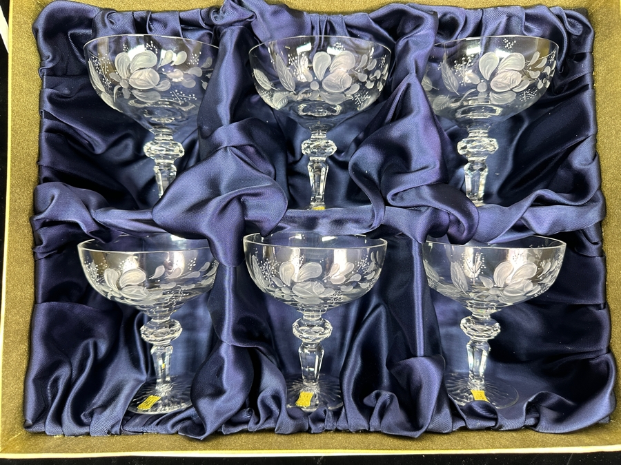 Rare Genuine Meissen (Germany) Cut Crystal Mouth-Blown Hand-Sanded Stemware Glasses Flower Pattern With Original Box - 6 Glasses Total 4.75'H [Photo 3]