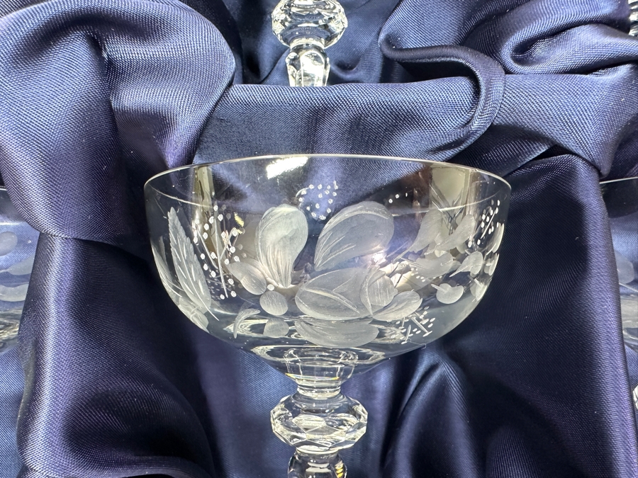 Rare Genuine Meissen (Germany) Cut Crystal Mouth-Blown Hand-Sanded Stemware Glasses Flower Pattern With Original Box - 6 Glasses Total 4.75'H [Photo 5]