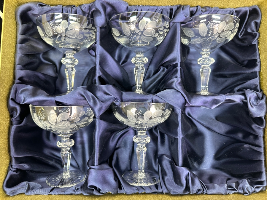 Rare Genuine Meissen (Germany) Cut Crystal Mouth-Blown Hand-Sanded Stemware Glasses Flower Pattern With Original Box - 5 Glasses Total 5'H	 [Photo 1]