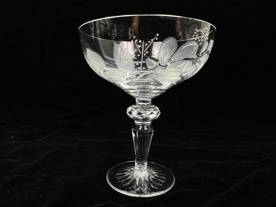 Rare Genuine Meissen (Germany) Cut Crystal Mouth-Blown Hand-Sanded Stemware Glasses Flower Pattern With Original Box - 5 Glasses Total 5'H	 [Photo 2]