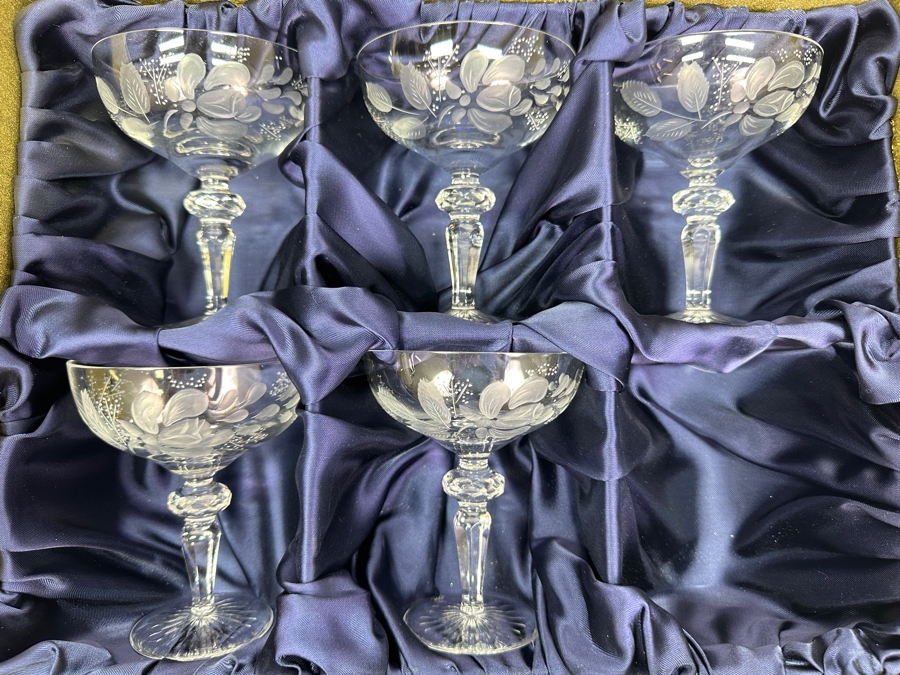 Rare Genuine Meissen (Germany) Cut Crystal Mouth-Blown Hand-Sanded Stemware Glasses Flower Pattern With Original Box - 5 Glasses Total 5'H	 [Photo 3]