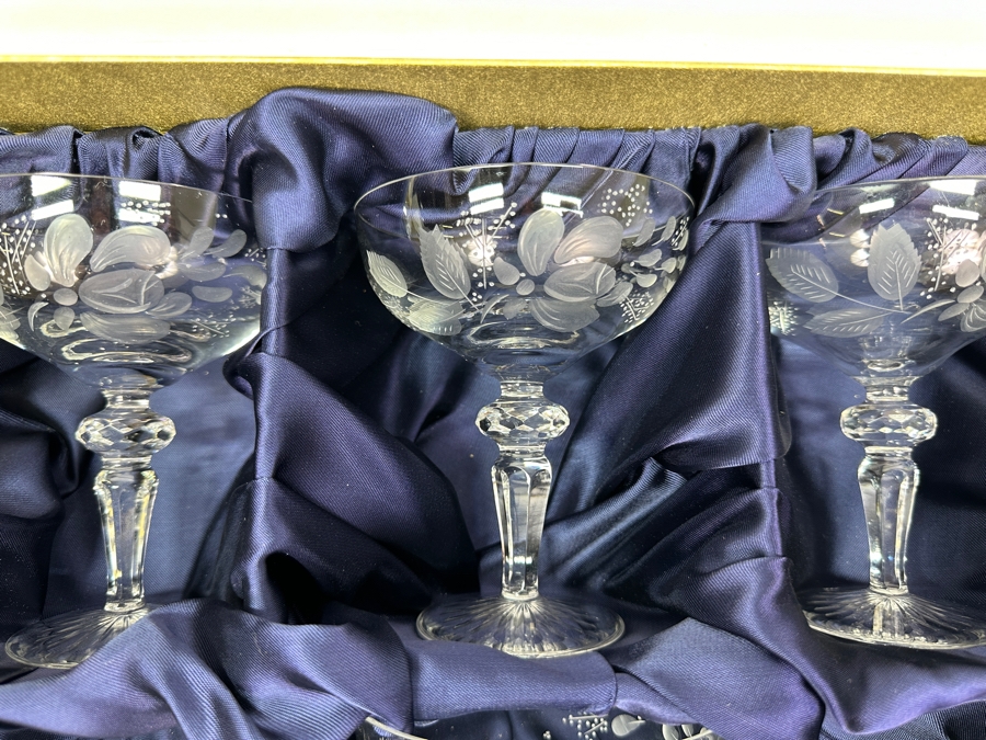 Rare Genuine Meissen (Germany) Cut Crystal Mouth-Blown Hand-Sanded Stemware Glasses Flower Pattern With Original Box - 5 Glasses Total 5'H	 [Photo 4]