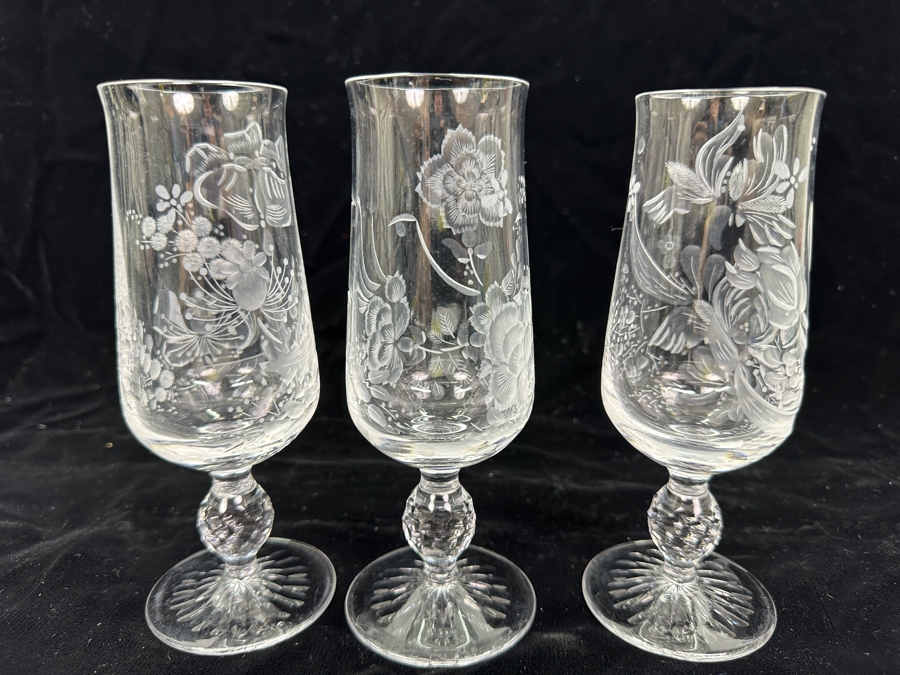 Rare Genuine Meissen (Germany) Cut Crystal Mouth-Blown Hand-Sanded Stemware Glasses Mixed 3 Different Patterns With Original Box - 6 Glasses Total 6.75'H [Photo 9]