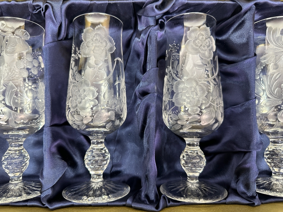 Rare Genuine Meissen (Germany) Cut Crystal Mouth-Blown Hand-Sanded Stemware Glasses Mixed 3 Different Patterns With Original Box - 6 Glasses Total 6.75'H [Photo 4]