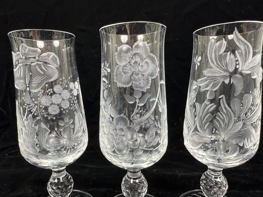 Rare Genuine Meissen (Germany) Cut Crystal Mouth-Blown Hand-Sanded Stemware Glasses Mixed 3 Different Patterns With Original Box - 6 Glasses Total 6.75'H [Photo 7]