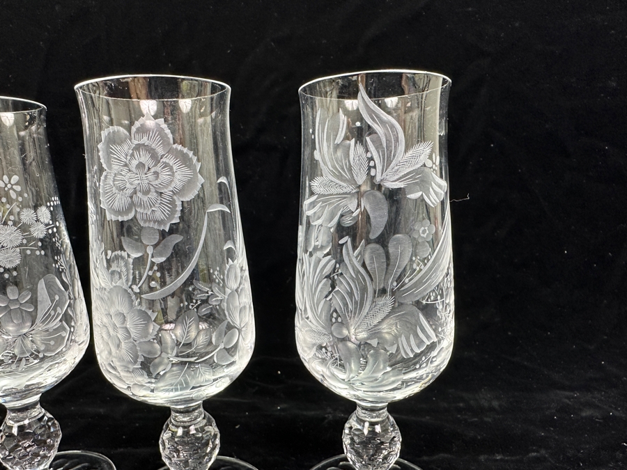 Rare Genuine Meissen (Germany) Cut Crystal Mouth-Blown Hand-Sanded Stemware Glasses Mixed 3 Different Patterns With Original Box - 6 Glasses Total 6.75'H [Photo 8]