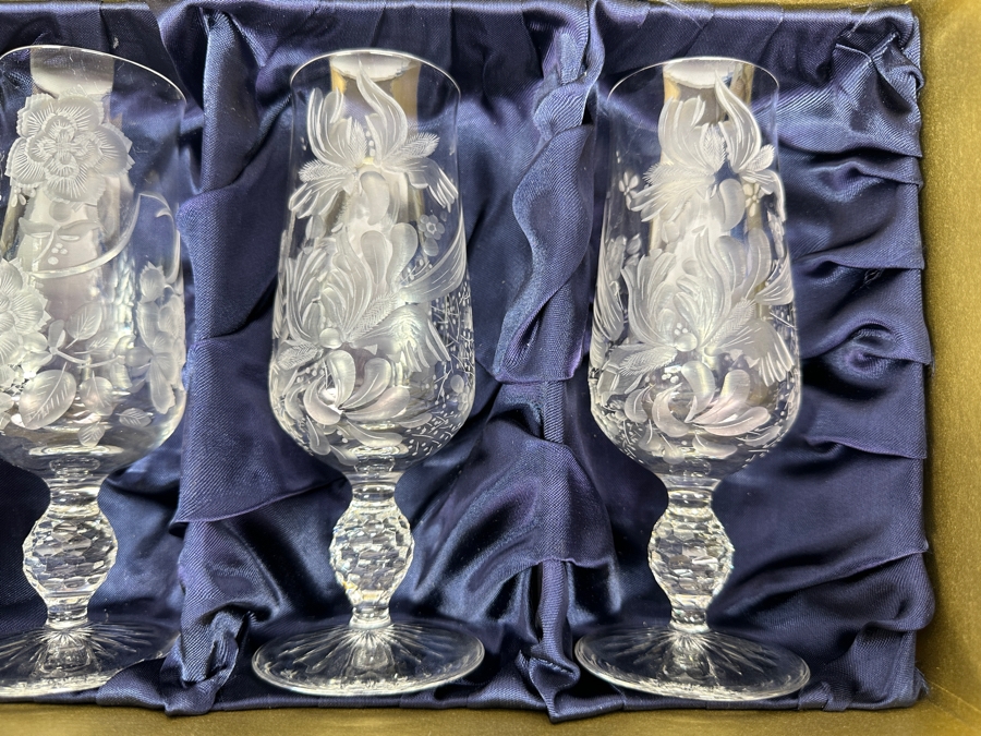 Rare Genuine Meissen (Germany) Cut Crystal Mouth-Blown Hand-Sanded Stemware Glasses Mixed 3 Different Patterns With Original Box - 6 Glasses Total 6.75'H [Photo 5]