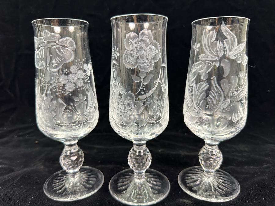 Rare Genuine Meissen (Germany) Cut Crystal Mouth-Blown Hand-Sanded Stemware Glasses Mixed 3 Different Patterns With Original Box - 6 Glasses Total 6.75'H [Photo 2]