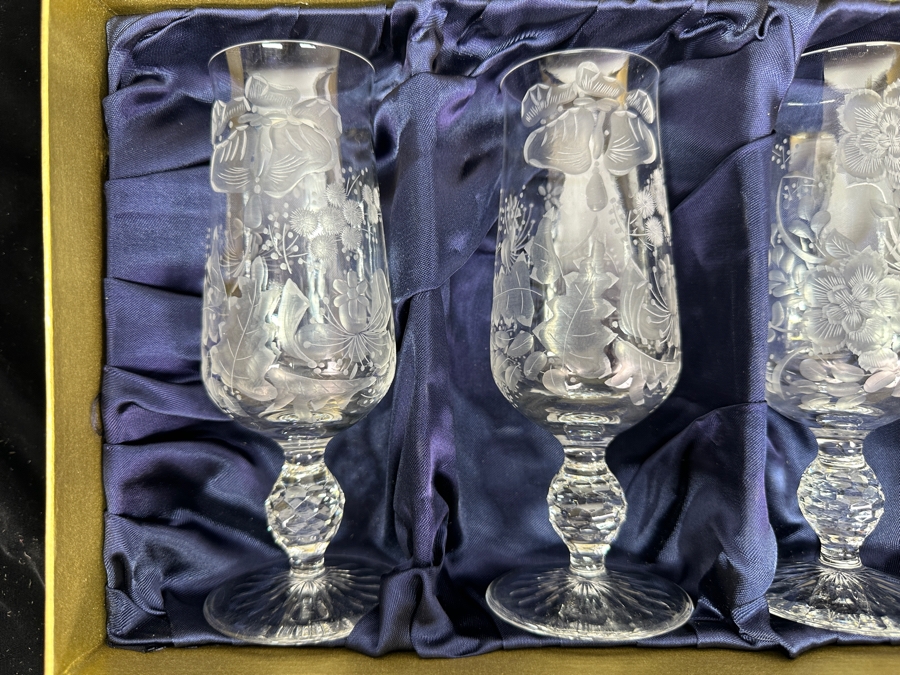 Rare Genuine Meissen (Germany) Cut Crystal Mouth-Blown Hand-Sanded Stemware Glasses Mixed 3 Different Patterns With Original Box - 6 Glasses Total 6.75'H [Photo 3]
