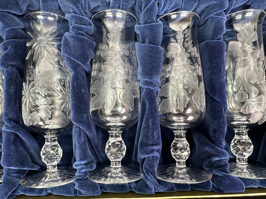 Rare Genuine Meissen (Germany) Cut Crystal Mouth-Blown Hand-Sanded Stemware Glasses Mixed 3 Different Patterns With Original Box - 6 Glasses Total 6.5'H [Photo 4]