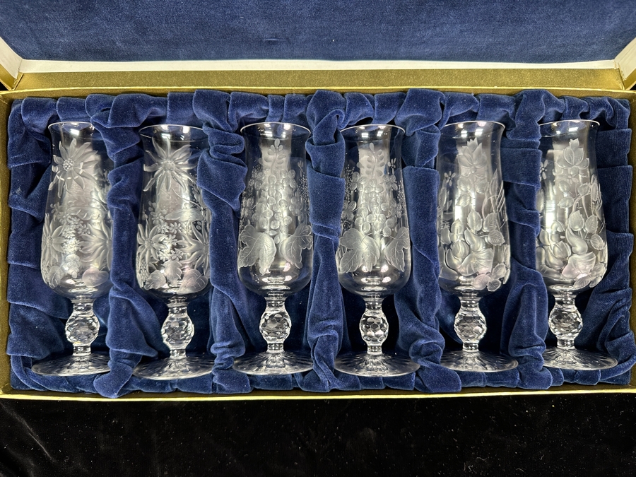Rare Genuine Meissen (Germany) Cut Crystal Mouth-Blown Hand-Sanded Stemware Glasses Mixed 3 Different Patterns With Original Box - 6 Glasses Total 6.5'H