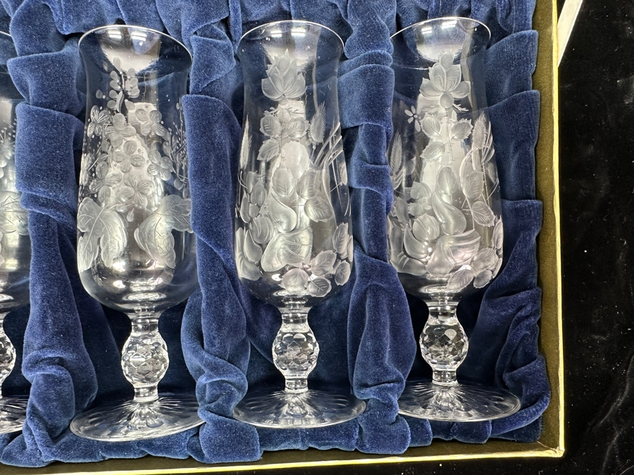 Rare Genuine Meissen (Germany) Cut Crystal Mouth-Blown Hand-Sanded Stemware Glasses Mixed 3 Different Patterns With Original Box - 6 Glasses Total 6.5'H [Photo 5]