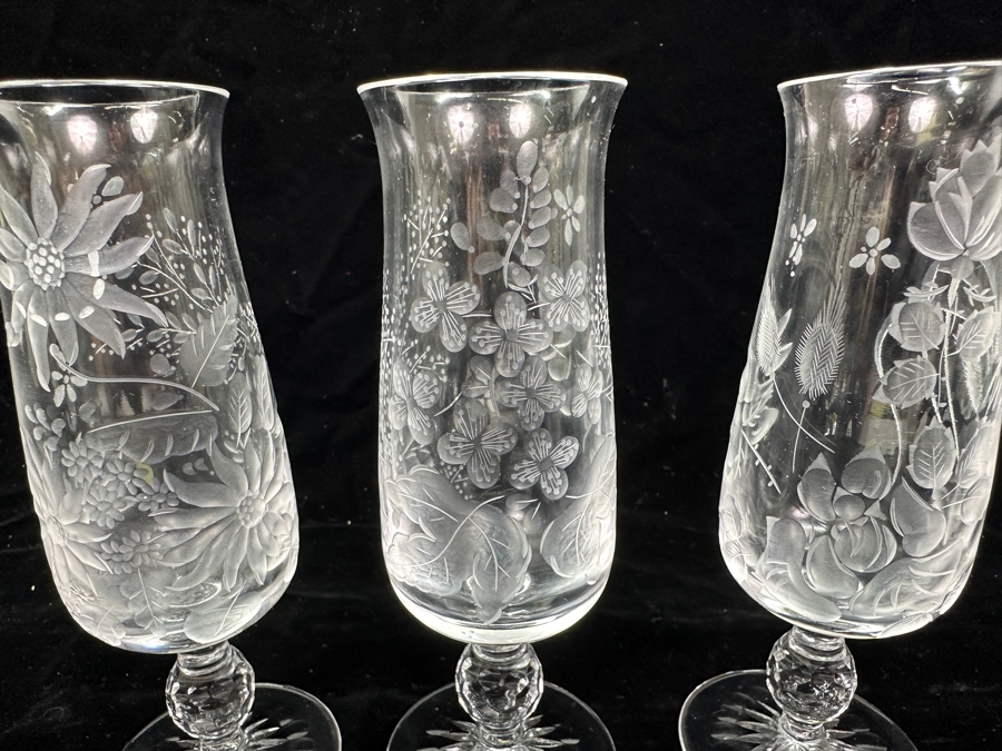Rare Genuine Meissen (Germany) Cut Crystal Mouth-Blown Hand-Sanded Stemware Glasses Mixed 3 Different Patterns With Original Box - 6 Glasses Total 6.5'H [Photo 8]