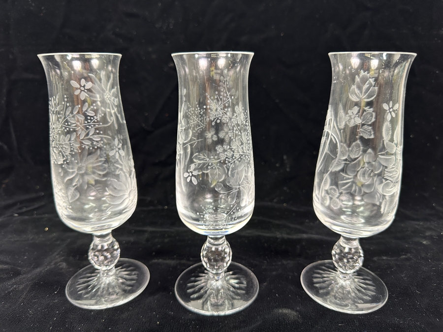 Rare Genuine Meissen (Germany) Cut Crystal Mouth-Blown Hand-Sanded Stemware Glasses Mixed 3 Different Patterns With Original Box - 6 Glasses Total 6.5'H [Photo 11]